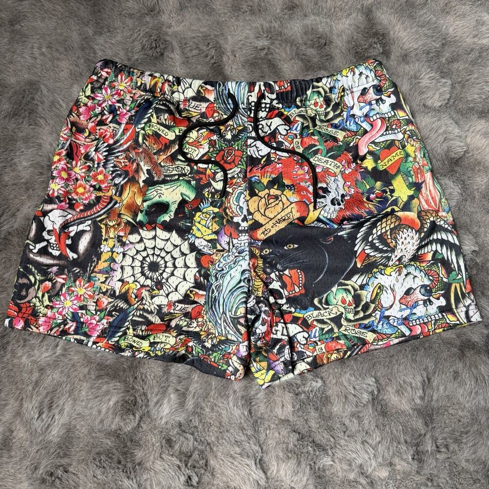 Ed Hardy Men's Multicolor Lightweight Logo Tattoo Collage Mesh Shorts - Size L